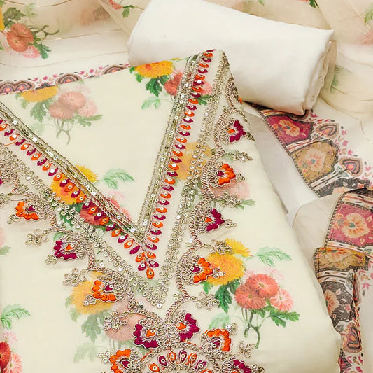 Cream Floral Digital Print Chanderi Silk Dress Material with Sequins & Cording Embroidery